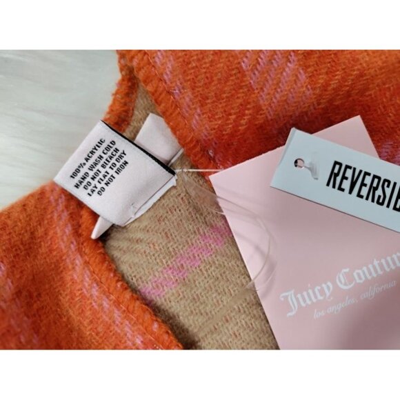 NWT Juicy Couture Reversible Fringe Hem Plaid Ruana Poncho Beige Tan Women's OS - Picture 15 of 16